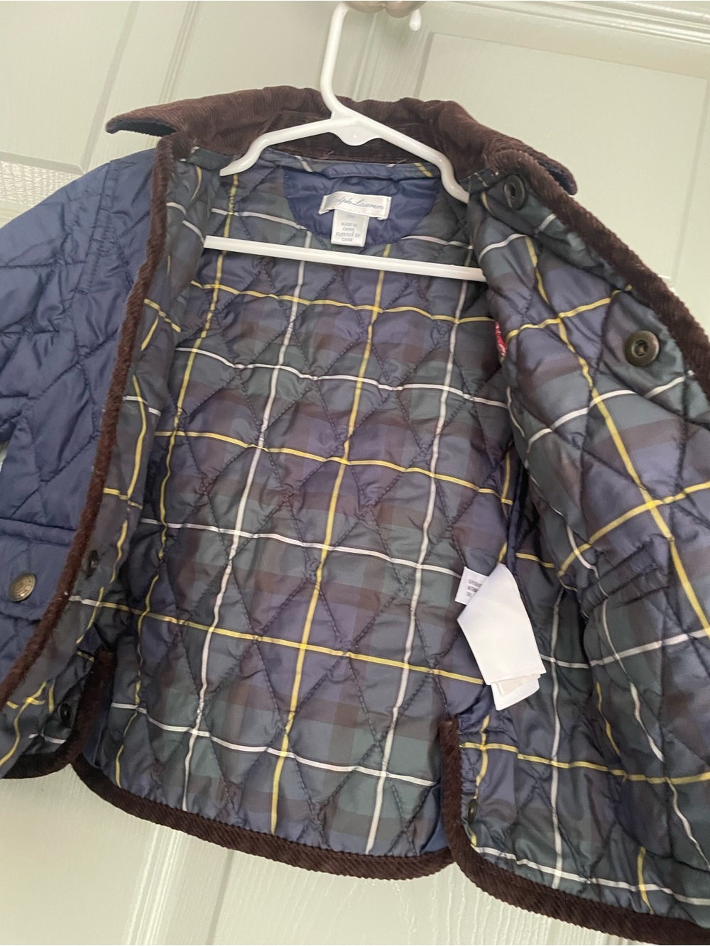 Ralph Lauren Navy Quilted Puffer Jacket with Brown Corduroy Trim Size 18m - Picture 5 of 6